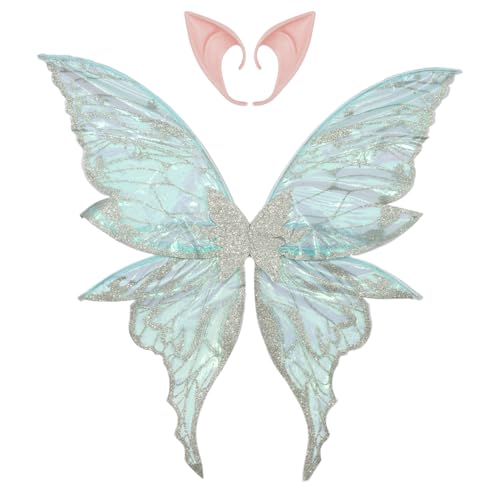 YiZYiF Glänzende Blume Fee Flügel Goldstempel Schmetterling Flügel mit Elf Ohren für Halloween Themed Party Silber One Size von YiZYiF