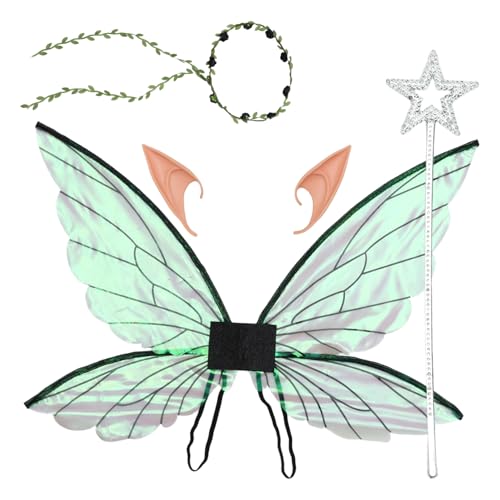 YiZYiF Glitzerige Durchsichtige Elfenflügel Blumenkranz Und Feen Stern Zauberstab Für Maskenball Foto Requisite Schwarzes Set Einheitsgröße von YiZYiF
