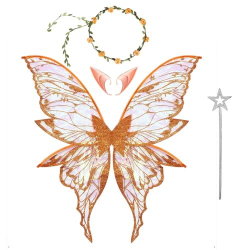 YiZYiF Glitzernde Schmetterlingsflügel Fee Blumengirlande mit Elfenohren Stern Stab Mädchen Party Anziehsachen Orange One Size YiZYiF Glitzernde Schmetterlingsflügel Fee Blumengirlande mit Elfenohren Stern Stab Mädchen Party Anziehsachen Orange One Size von YiZYiF