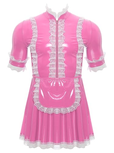 YiZYiF Herren Dienstmädchen Kostüm Lack Kleid Sissy Putzfrau Kostüm Männer Karneval Halloween Junggesellenabschied Outfit Rosa 4XL von YiZYiF