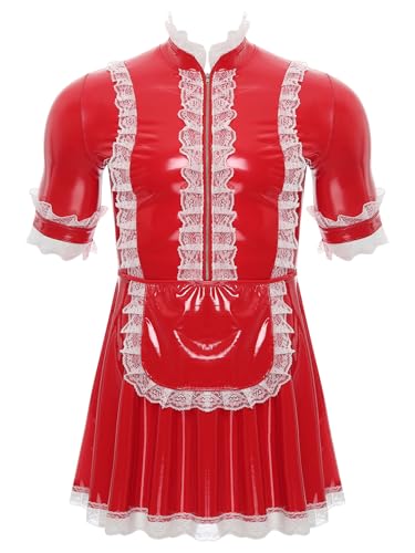 YiZYiF Herren Dienstmädchen Kostüm Lack Kleid Sissy Putzfrau Kostüm Männer Karneval Halloween Junggesellenabschied Outfit Rot XXL von YiZYiF
