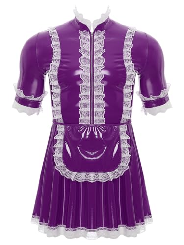 YiZYiF Herren Dienstmädchen Kostüm Lack Kleid Sissy Putzfrau Kostüm Männer Karneval Halloween Junggesellenabschied Outfit Violett 4XL von YiZYiF