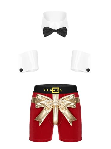 YiZYiF Herren Kostüm Weihnachtsmann Weihnachten Boxer Shorts Fliege Set Sexy Santa Kostüm Männer Weihnachtskostüm Cosplay Nachtwäsche A_Rot 3XL von YiZYiF