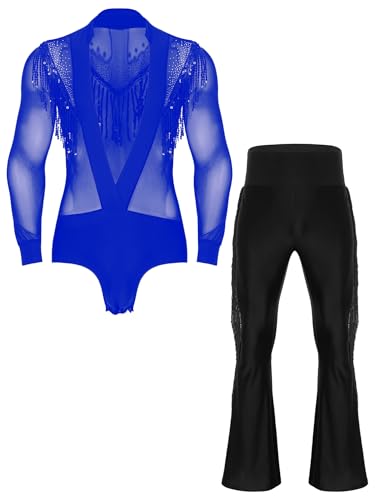 YiZYiF Herren Latein Tanz Outfit Tiefer V-Ausschnitt Pailletten Quasten Netz Hemd Fransen Schlaghose Set Moderne Dancewear Blau XXL YiZYiF Herren Latein Tanz Outfit Tiefer V-Ausschnitt Pailletten Quasten Netz Hemd Fransen Schlaghose Set Moderne Dancewear Blau XXL von YiZYiF