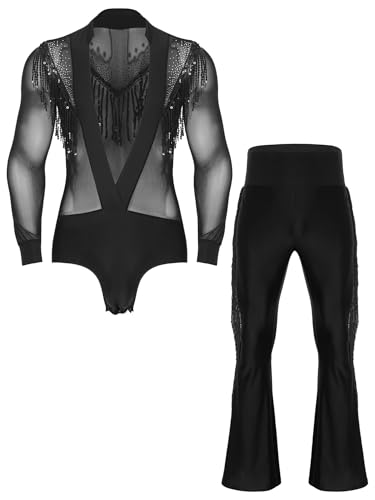 YiZYiF Herren Latein Tanz Outfit Tiefer V-Ausschnitt Pailletten Quasten Netz Hemd Fransen Schlaghose Set Moderne Dancewear Schwarz S YiZYiF Herren Latein Tanz Outfit Tiefer V-Ausschnitt Pailletten Quasten Netz Hemd Fransen Schlaghose Set Moderne Dancewear Schwarz S von YiZYiF