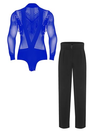 YiZYiF Herren Latein Tanzhemd Anzug Kostüm Tiefer Ausschnitt Paillettenquaste Netz Hemd Und Hose Jazz Moderne Dancewear Blau S YiZYiF Herren Latein Tanzhemd Anzug Kostüm Tiefer Ausschnitt Paillettenquaste Netz Hemd Und Hose Jazz Moderne Dancewear Blau S von YiZYiF