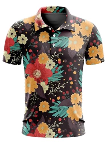 YiZYiF Herren Sommer-golf-shirt Casual Neu, Blumen-druck, Atmungsaktiv, Schweißableitend, Relaxed Passform Typ F 3XL von YiZYiF