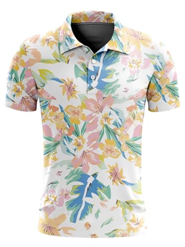 YiZYiF Herren Sommer-golf-shirt Casual Neu, Blumen-druck, Atmungsaktiv, Schweißableitend, Relaxed Passform Typ J 3XL von YiZYiF
