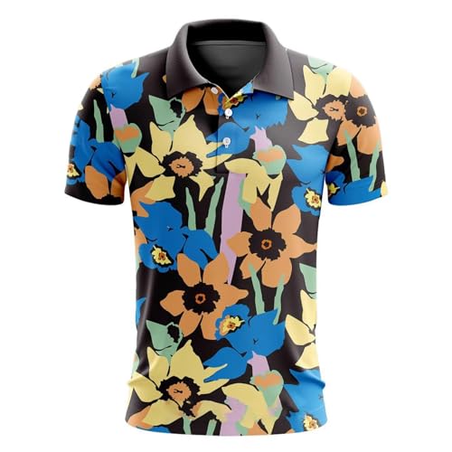 YiZYiF Herren Sommer-golf-shirt Casual Neu, Blumen-druck, Atmungsaktiv, Schweißableitend, Relaxed Passform Typ L L von YiZYiF