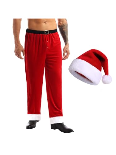 YiZYiF Herren Weihnachten Weihnachtsmann Kostüm Weihnachts Pyjamahose Schlafhose Weihnachtshut Santa Claus Cosplay X-Mas Party Outfit Rot_A&Hut 4XL von YiZYiF