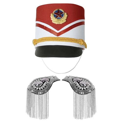 YiZYiF Kinder Band Majorette Kostüm Zubehör Marschieren Band Hut mit Tassel Epauletten Set Kinder Mädchen Halloween Parade Fasching Requisiten Silber & Typ C One Size von YiZYiF