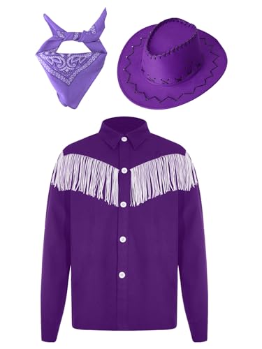 YiZYiF Kinder Jungen Cowboy-Kostüm Western Jacke Cowboy Hut Bandana Amerika Wild Western Halloween Fasching Kostüm Party Outfit Violett_A 170 von YiZYiF