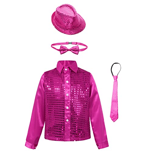 YiZYiF Kinder Jungen Disco Outfit Pailletten Fedora Trilby Hut Glitter Hemd Paillettenkrawatte Fliege Set Latin Jazz Silvester Party Kostüm Show Foto Requisiten A_Hotpink 134-140 von YiZYiF