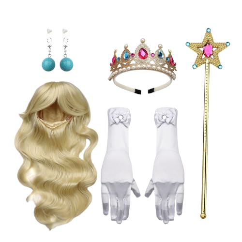 YiZYiF Prinzessin Dress Up Requisiten Golden Lange Perücken Glänzende Stirnband Ohrringe Handschuhe Zauberstab Mädchen Halloween Prinzessin Cosplay Set 5 Stück Typ B One Size von YiZYiF