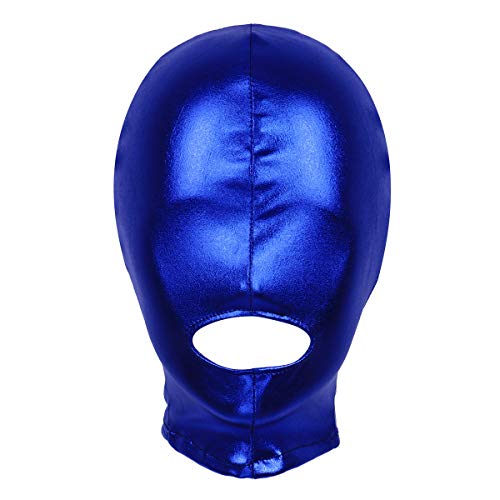 YiZYiF Unisex Latex Maske Leder Kopfmaske Mund Offen Gesichtsmaske Elastische Kopfbedeckungen Haube Fetisch Sex Spielzeug Cosplay Kostüm Schwarz Blau OneSize von YiZYiF