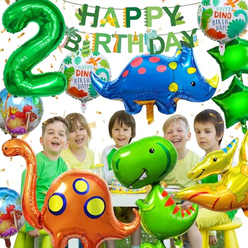 YianHien Dino Geburtstag Deko 2 Jahre Kinder, XXL Dinosaurier Kindergeburtstag Luftballon Set mit Banner, Dino Geburtstag Theme Party Deko, Grün Dschungel Geburtstagsdeko für 2 Jahre Junge & Mädchen von YianHien