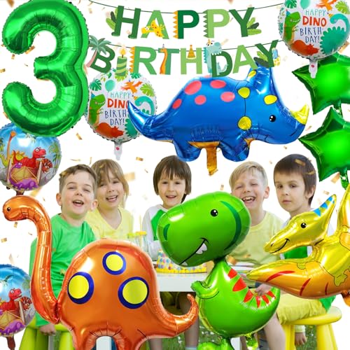 YianHien Dino Geburtstagsdeko 3 Jahre Jungen & Mädchen, XXL Dino Geburtstag Deko Party Dekoration, Dinosaurier Theme Luftballon Deko für 3 Jahre Kinder Geburtstag, Dino Geburtstagsdeko Folienballon von YianHien