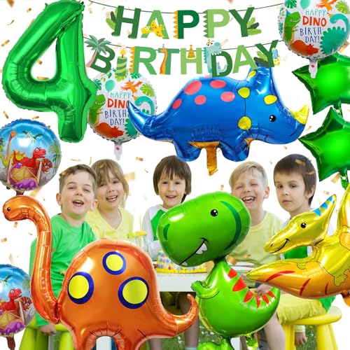 YianHien Dino Deko Kindergeburtstag 4 Jahre, Dschungel Kinder Geburtstag Luftballon Deko, Dinosaurier Folienballon Party Deko für 4 Jahre Junge & Mädchen, XXL Dino Geburtstag Ballons Set mit Banner von YianHien