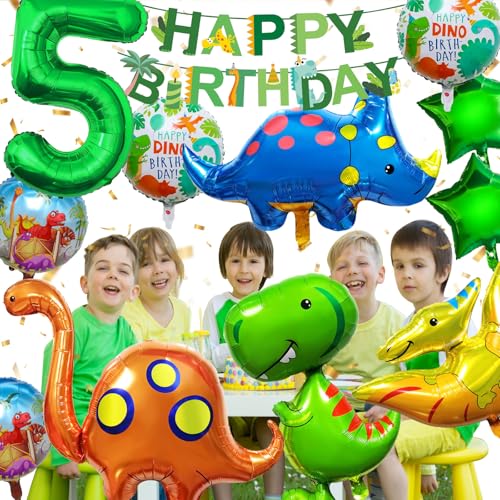 YianHien Dino Kindergeburtstag Deko für 5 Jahre Jungen & Mädchen, XXL Dinosaurier Folienballon mit Banner & Zahlenballons, Dino Kinder Geburtstag Party Luftballon Deko Set, Dschungel Theme Party Deko von YianHien