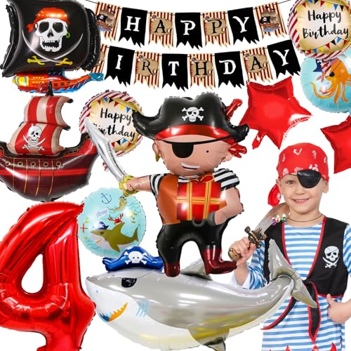 YianHien Piraten Deko Kindergeburtstag 4 Jahre Jungen, XXL Piraten Haifisch Piratenschiff Folienballons, Luftballons Set mit Happy Birthday Banner von YianHien