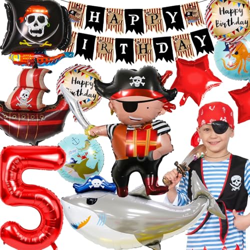 YianHien Piraten Deko Kindergeburtstag für 5 Jahre Junge, Kindergeburtstag Piratenparty Luftballons Deko Set, Piraten Geburtstag Deko mit Banner & Zahlenballons, XXL Piratenschif Folienballons von YianHien