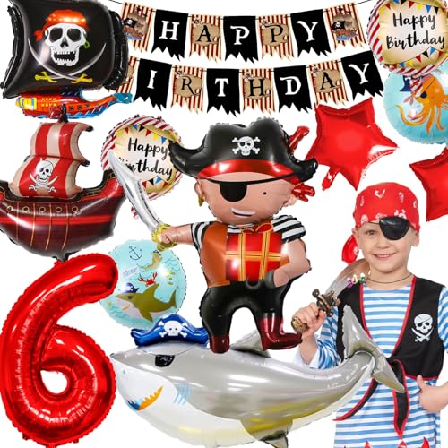 YianHien Piraten Kindergeburtstag 6 Jahre, XXL Geburtstagsdeko Piratenparty, Theme Party Luftballons Set, Piratenschiff Folienballons für Junge von YianHien