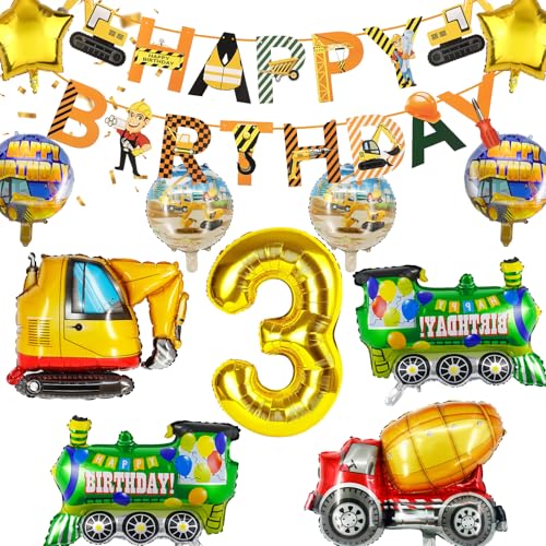 YianHien Bagger Geburtstag Deko für 3 Jahre Jungen, XXL Bagger Deko Kindergeburtstag Geburtstagsdeko Luftballons, BAU Party Dekoration mit Happy Birthday Banner, Baustelle Kinder Geburtstag Deko von YianHien