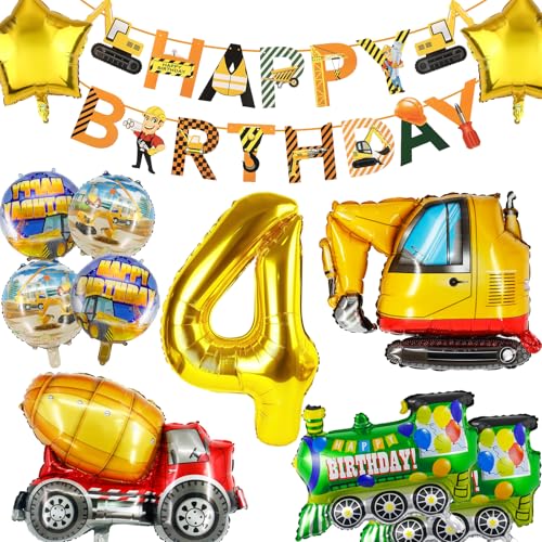 YianHien Bagger Geburtstagsdeko 4 Jahre Jungen, XXL Bagger Luftballons Kinder Geburtstag Party Deko Set, Bagger Deko Kindergeburtstag Folienballon, Baustelle Bagger Geburtstagdeko für 4 Jahre Kinder von YianHien