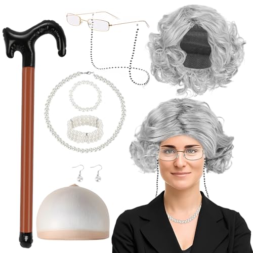 9 Stück Oma Perücke, Oma Kostüm Alte Frau mit Perücke Kappe, Perle Halskette, Ohrringe, Armband, Aufblasbarer Stock und Brille Mit Kette, Rentner Kostüm Damen für Halloween Welttag Maskerade Karneval 9 Stück Oma Perücke, Oma Kostüm Alte Frau mit Perücke Kappe, Perle Halskette, Ohrringe, Armband, Aufblasbarer Stock und Brille Mit Kette, Rentner Kostüm Damen für Halloween Welttag Maskerade Karneval von Yicenmy