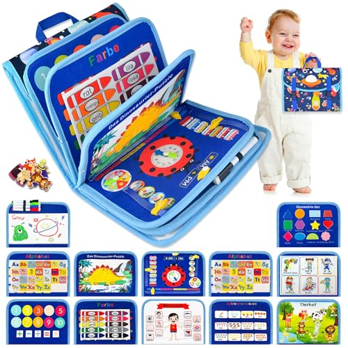 Yichalodge Busy Board Deutsch ab 1 Jahre Kinder Montessori Busy Book 12 Seiten Motorikbuch Lernbuch Busyboard Baby Interaktives Activity Board Spielzeug für Lange Auto-Fahrten von Yichalodge