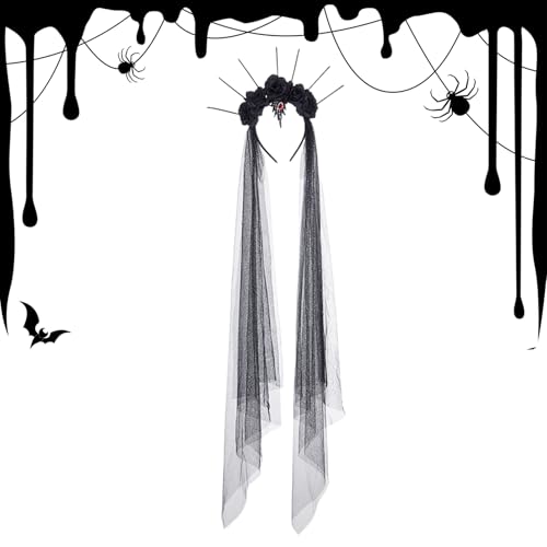 Yidueace Halloween Stirnband - Vintage Haarreif Mit Schleier In Schwarz Und Rosen - Tag Der Blumenkranz Mit Schwarzen Rosen Für Karneval Cosplay Hochzeit Maskenbälle von Yidueace