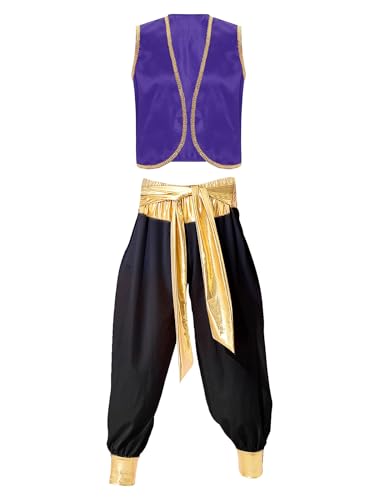 Yiesvsov Arabisches Prinz Kostüm Für Herren Set Teile Offene Weste Ohne Ärmel Elastische Hose Mit Patchwork Karneval Halloween Fest Kostüm Cosplay Dunkelviolett Schwarz XXL von Yiesvsov