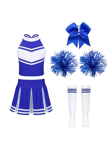 Yiesvsov Cheerleaderkostüm Für Mädchen Cheerleaderuniform Schleife Pompon Strümpfe Tanzkleid Halloweenkostüm Aufführungskostüm B Blau 134-140 von Yiesvsov