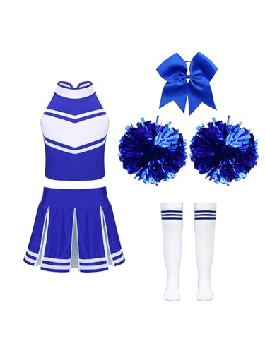 Yiesvsov Cheerleaderkostüm Für Mädchen Cheerleaderuniform Schleife Pompon Strümpfe Tanzkleid Halloweenkostüm Aufführungskostüm Ein Blau 146-152 von Yiesvsov