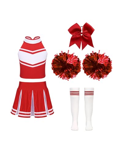 Yiesvsov Cheerleaderkostüm Für Mädchen Cheerleaderuniform Schleife Pompon Strümpfe Tanzkleid Halloweenkostüm Aufführungskostüm Ein Rot 110-116 von Yiesvsov