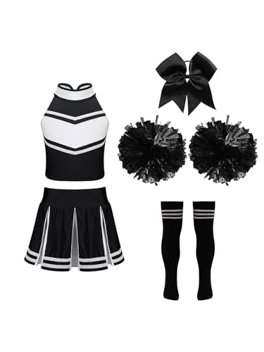 Yiesvsov Cheerleaderkostüm Für Mädchen Cheerleaderuniform Schleife Pompon Strümpfe Tanzkleid Halloweenkostüm Aufführungskostüm Ein Schwarz-Weiß 158-164 von Yiesvsov