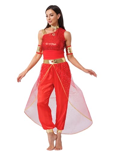 Yiesvsov Damen-Bauchtanz-Jumpsuit Arabische Prinzessinnen-Kostüm Bodysuit mit Edelsteinverzierung Halloween-Kostüm Rot L von Yiesvsov