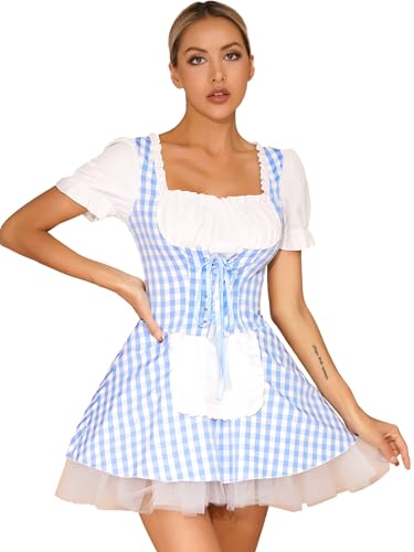 Yiesvsov Damen Französisches Dienstmädchen Kostüm Kurzer Puffärmel Plissiertes Kariertes Schürzenkleid Halloween Anime Cosplay Outfits Blau 3XL von Yiesvsov