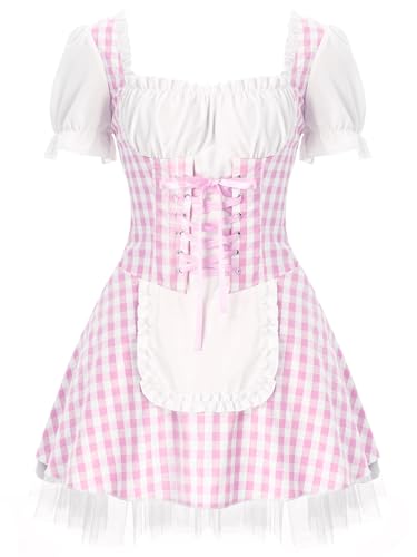 Yiesvsov Damen Französisches Dienstmädchen Kostüm Kurzer Puffärmel Plissiertes Kariertes Schürzenkleid Halloween Anime Cosplay Outfits Rosa XXL von Yiesvsov