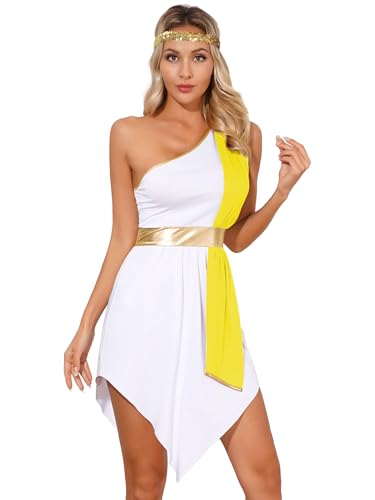 Yiesvsov Einschulter Frauenkleid Kurzes Toga Kleid Mit Gürtel Griechisch Römisch Königin Prinzessin Kostüm Glänzender Cosplay Gürtel Für Halloween Maskerade Gelb S von Yiesvsov