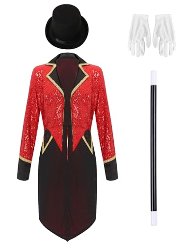 Yiesvsov Frauen Ringmeister Kostüm Outfits Glitzernde Pailletten Frack Jacken Mit Hut Zauberstab Und Handschuhen Rot XL von Yiesvsov