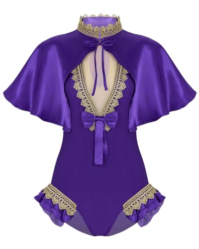 Yiesvsov Frauen Zirkus Trapez Showman Kostüm Halloween Cosplay Bodysuit Tanz Trikot Mit Schal Umhang Lila XXL von Yiesvsov