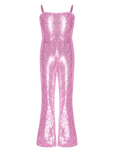 Yiesvsov Glänzendes Discokostüm Für Mädchen Halloween Cosplay Kostüm Mit Reißverschluss Tanzanzug Filmkostüm Rollenspiel Maskerade Themenparty Karneval Rosa 122-128 von Yiesvsov