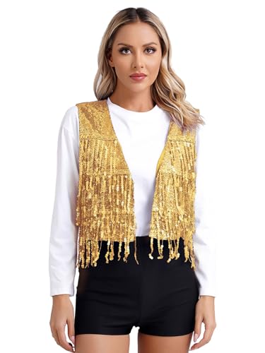 Yiesvsov Glitzernde Damen Tanzweste Mit Fransen Ärmellose Disco Weste Performance Kostüm Karneval Cosplay Maskerade Theateraufführung Gold XL von Yiesvsov