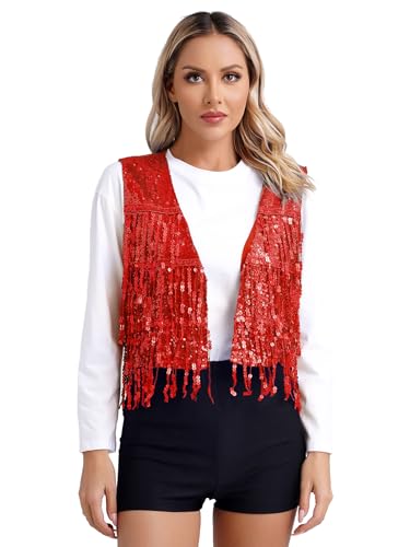 Yiesvsov Glitzernde Damen Tanzweste Mit Fransen Ärmellose Disco Weste Performance Kostüm Karneval Cosplay Maskerade Theateraufführung Rot 3XL von Yiesvsov