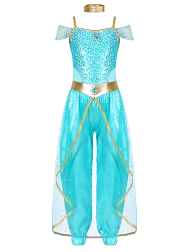 Yiesvsov Halloween Kostüm Mädchen Mädchen Arabische Prinzessin Kostüm Glitzer Ballkleid Mit Pailletten Stein Jumpsuit Mit Hochgeschlossenem Hals Langen Body Für Hellblau 170 von Yiesvsov