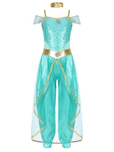Yiesvsov Halloween Kostüm Mädchen Mädchen Arabische Prinzessin Kostüm Glitzer Ballkleid Mit Pailletten Stein Jumpsuit Mit Hochgeschlossenem Hals Langen Body Für Hellgrün 158-164 von Yiesvsov