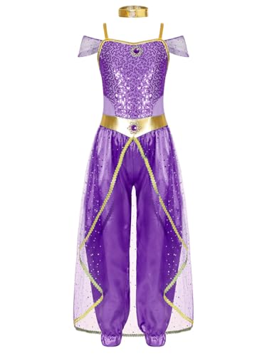 Yiesvsov Halloween Kostüm Mädchen Mädchen Arabische Prinzessin Kostüm Glitzer Ballkleid Mit Pailletten Stein Jumpsuit Mit Hochgeschlossenem Hals Langen Body Für Lila 158-164 von Yiesvsov