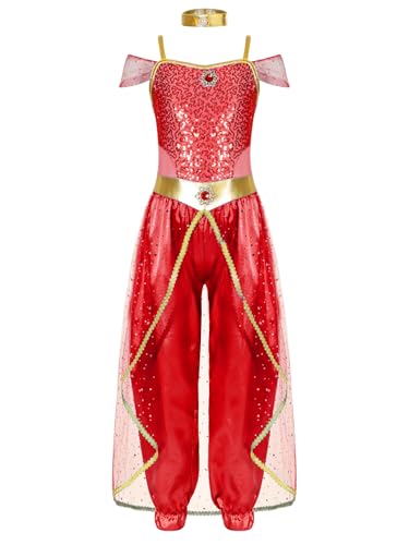 Yiesvsov Halloween Kostüm Mädchen Mädchen Arabische Prinzessin Kostüm Glitzer Ballkleid Mit Pailletten Stein Jumpsuit Mit Hochgeschlossenem Hals Langen Body Für Rot 158-164 von Yiesvsov