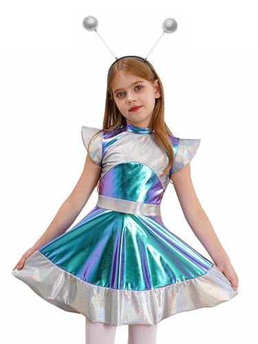 Yiesvsov Mädchen Raumanzug Kostüm Alien Mädchen Astronautenkleid Metallisiert Mit Kopfbedeckung Kurze Ärmel Halloween Karneval Kostüm Cosplay Silber 146-152 Yiesvsov Mädchen Raumanzug Kostüm Alien Mädchen Astronautenkleid Metallisiert Mit Kopfbedeckung Kurze Ärmel Halloween Karneval Kostüm Cosplay Silber 146-152 von Yiesvsov